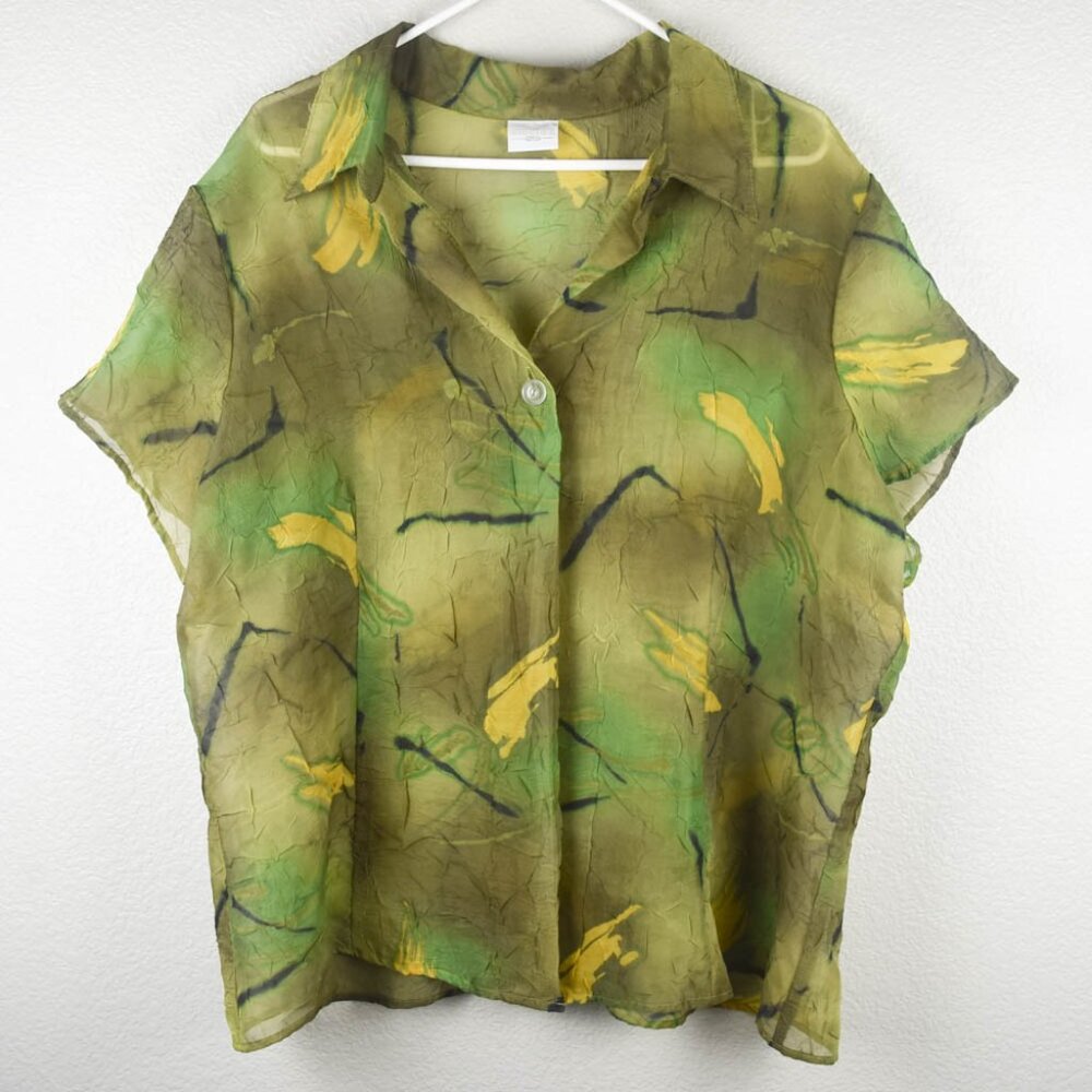 Studio C Womens 2XL Green Yellow Acid Dye Sheer Cover Top Blouse Crinkle Crepe